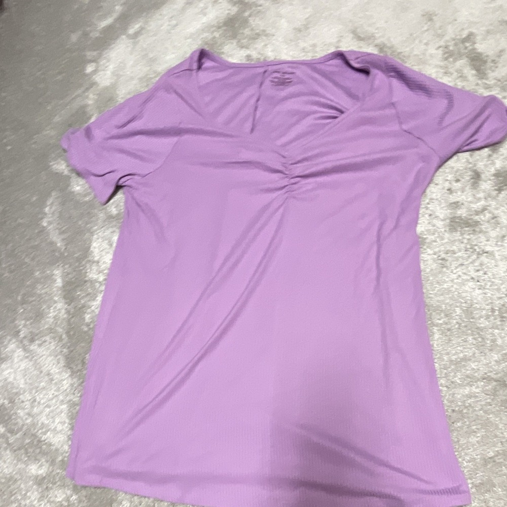 Lane Bryant Womens 18/20 Purple Solid Ribbed Knit V-Neck Ruched Tee Top